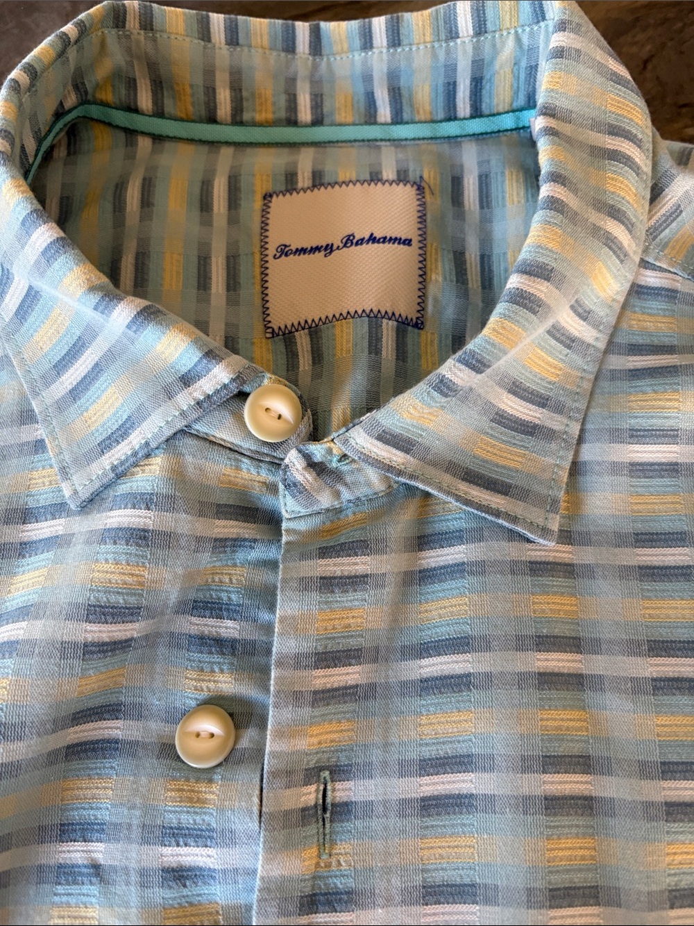 Tommy Bahama Light Blue, Yellow & White Striped Short-Sleeve Button-Up Shirt